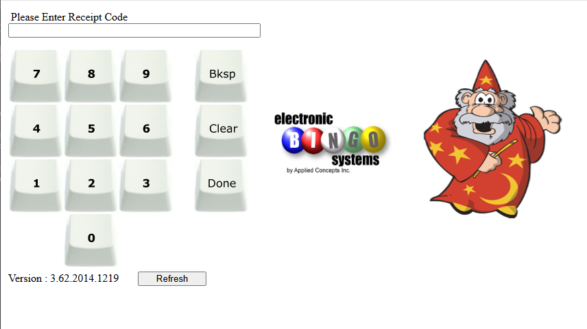 Remote Bingo login page with Serial Number keypad